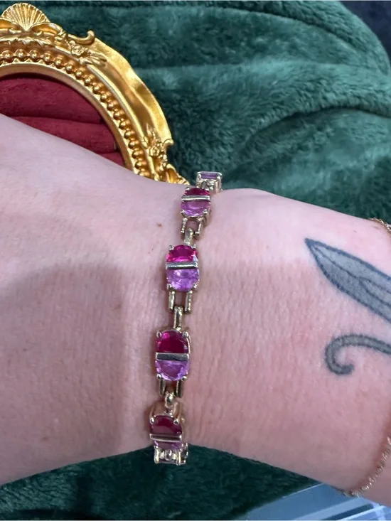 Gold Tone over Silver Bracelet with Pink and Red Rhinestones