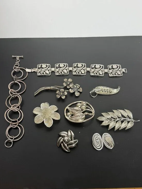 Vintage Botanical Silver Tone Mixed Lot Brooch, Earrings, Bracelet 10pc
