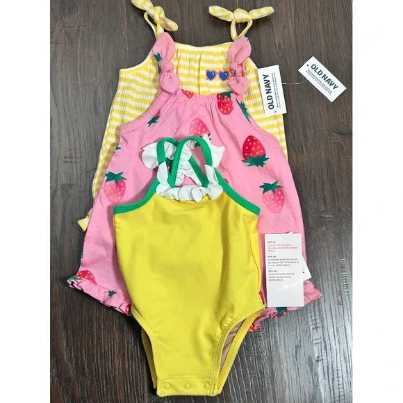Lot of Old Navy Baby Girl 0-3 Month Romper and Swimsuit Strawberry Stripe Yellow