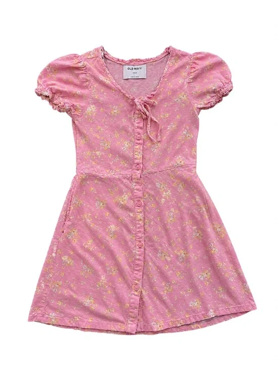 Old Navy Girls Pink Floral Dress Size Small 6/7 Puff Sleeve Button Front