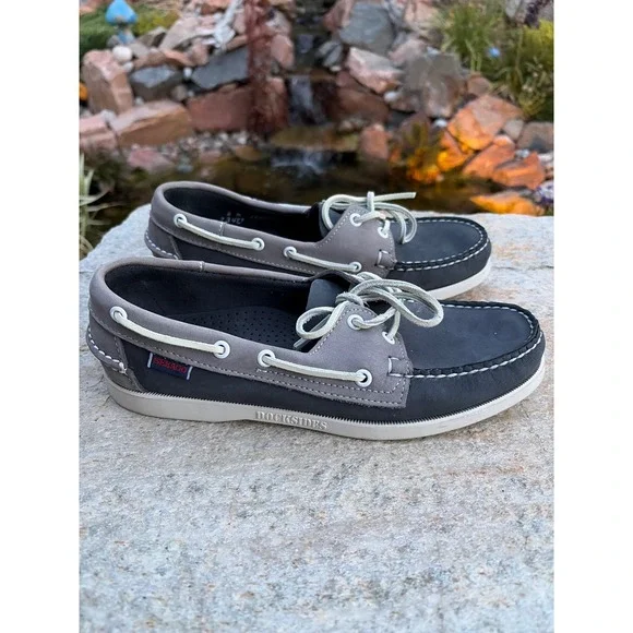 Sebago Docksides Mens 8 Boat Shoes Grey Navy Blue Nubuck Leather Loafers 73499