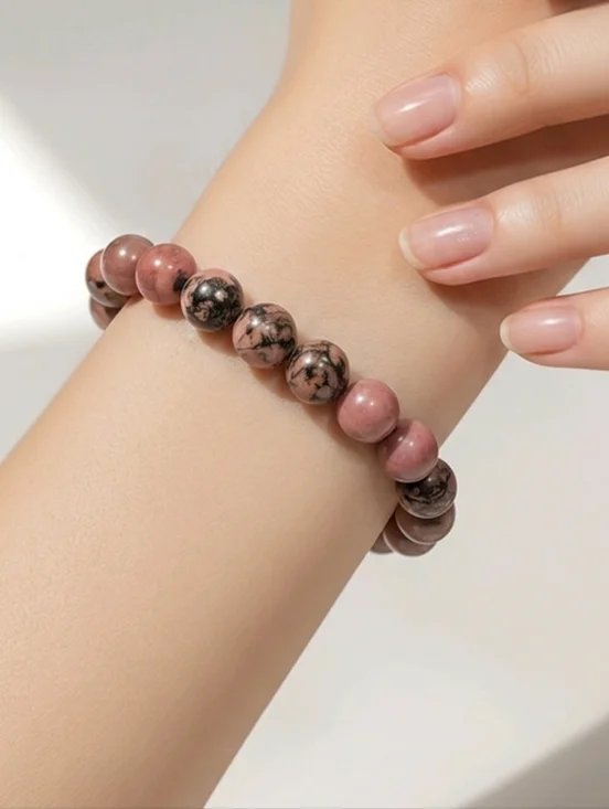 Pink Rhodonite Beaded Bracelet Natural Stone Healing Crystal Stretch Boho Girl