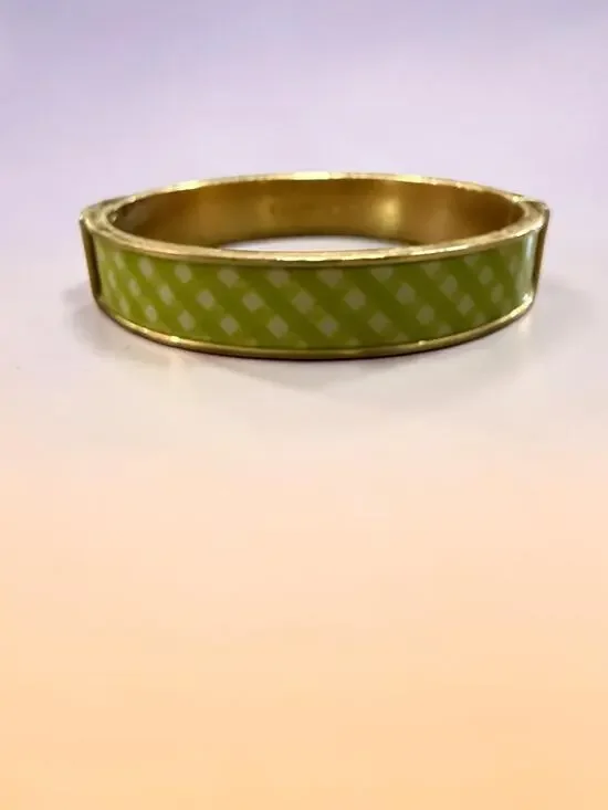 Talbots Green White Plaid Enamel Hinged Bangle Bracelet Gold Tone Preppy