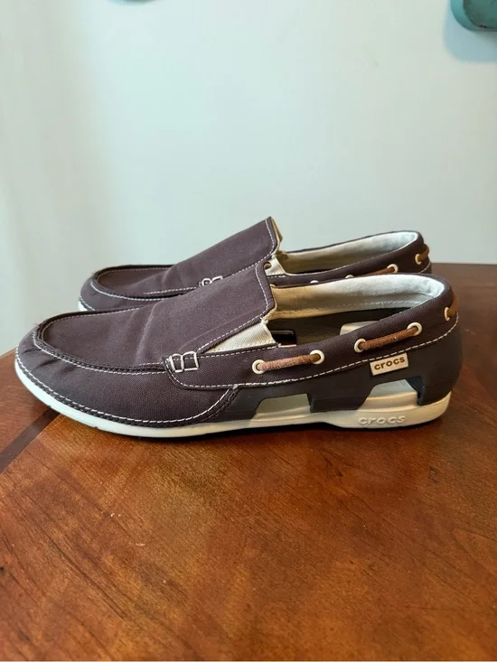 Crocs Beach Line Boat Shoes Brown Canvas Rubber Slip On Men’s Size 12