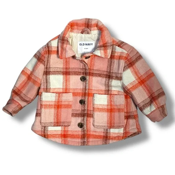 Old Navy Shacket Plaid Jacket Button Up  Lined Pink Orange Girls 12-18 Months