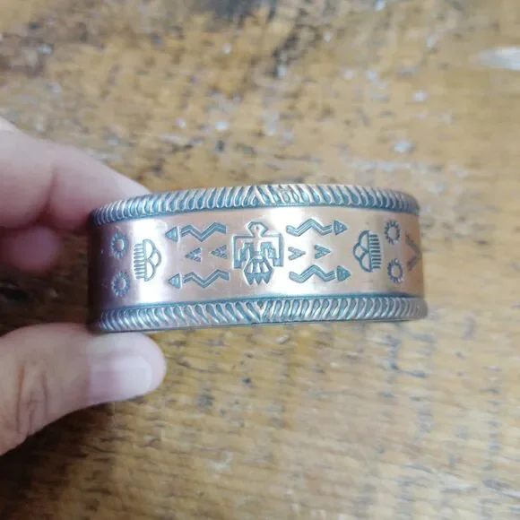 Vintage Solid Copper Cuff Bracelet Bell Trading Post Thunderbird Southwestern