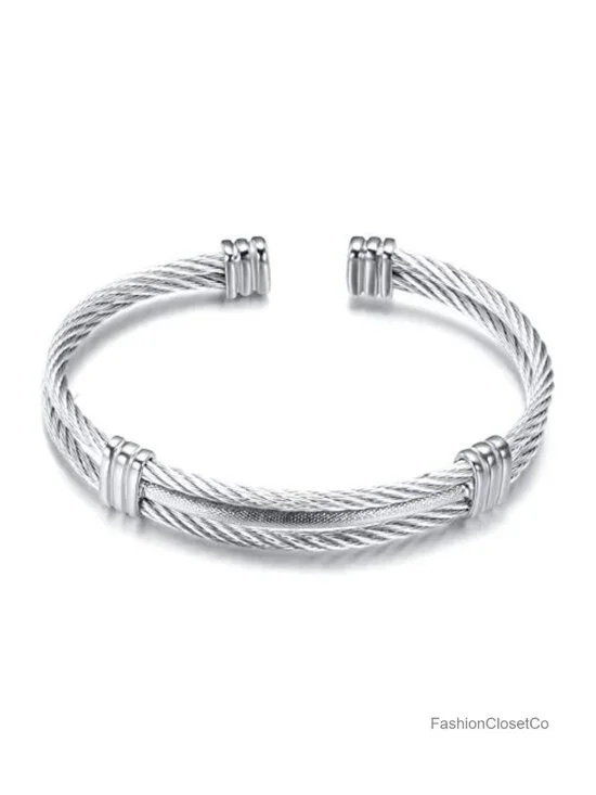 Cable Wire Twisted Cuff Bangle Bracelet Stainless Steel Jewelry Women