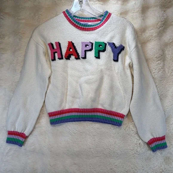 Old Navy Girls Happy‎  Knit Sweater Rainbow Striped Trim Cream White Crewneck