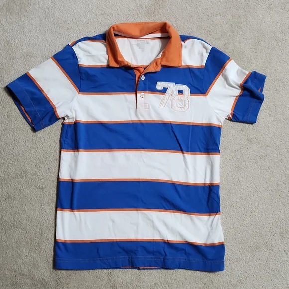 Old Navy Boys Button Down Short Sleeve Polo Shirt Blue White -  L(10-12)