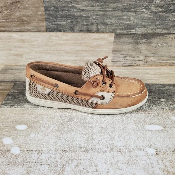 Sperry Shoresider Kids Boat Shoes Sz 13.5 M Casual Brown‎ White Leather Slip On