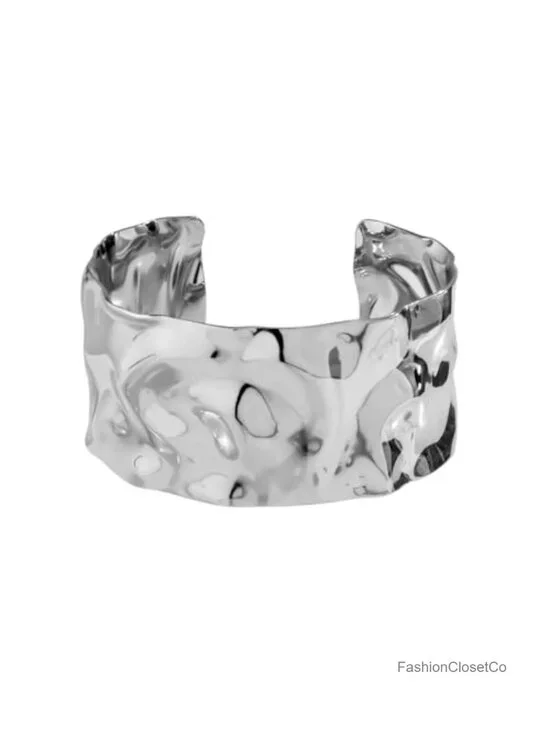 Molten Hammered Liquid Wavy Wide Cuff Bangle Bracelet Adjustable