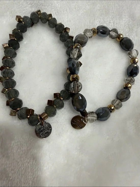 Erimish Gray Faceted Bead Stretch Bracelet Duo with Gold Accents