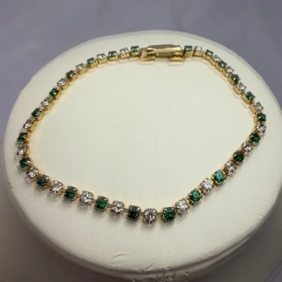 14KGS Gold Tone Emerald Green and Clear Crystal Tennis Bracelet Round Cut Link