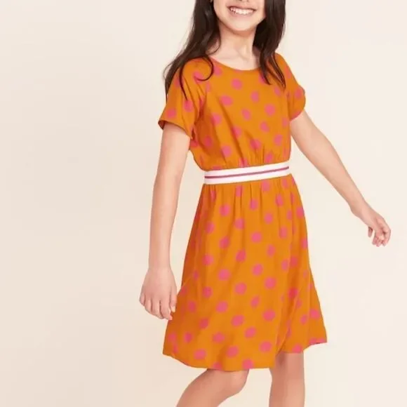 New OLD NAVY Mustard Gold Pink Polka Dot Dress S