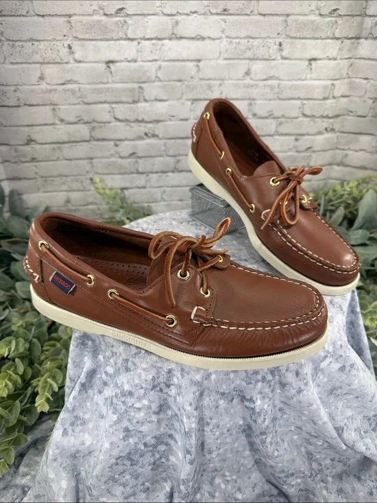 SEBAGO DOCKSIDES “Portland” Cognac Waxed Leather Classic Boat Shoe Mens 7.5W EUC