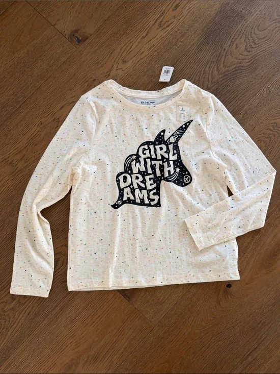 ⚡️Old Navy Cream Speckled Long Sleeve Top with Navy Unicorn Graphic