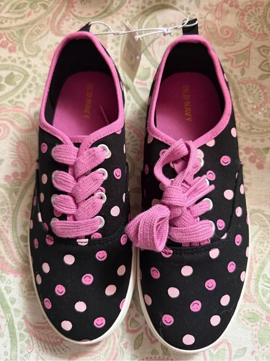 Old Navy Girls Smiley Face and Polka Dot Canvas Lace-Up Sneakers Size 5 NEW