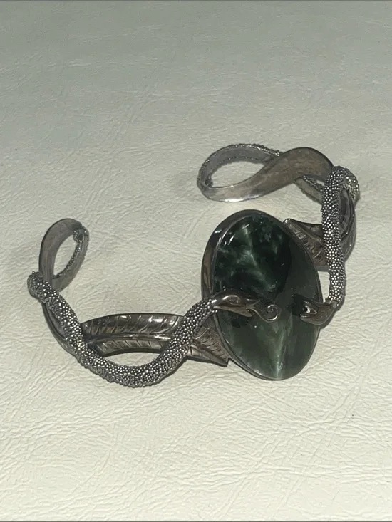 Sajen 925 Silver Cuff Dual Snake Bracelet with Deep Green Oval Stone