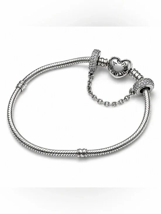 Authentic Pandora Heart Clasp Bracelet with Sparkling Pavé Safety Chain S925 ALE
