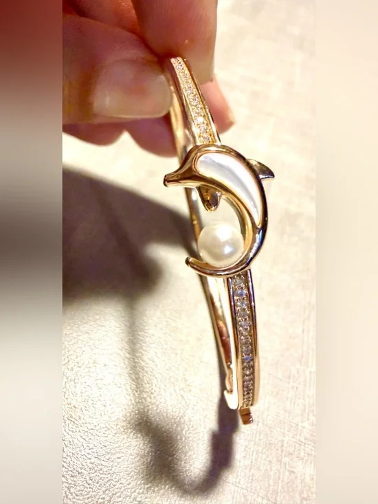Gold Dolphin Pearl Accent Bangle Bracelet
