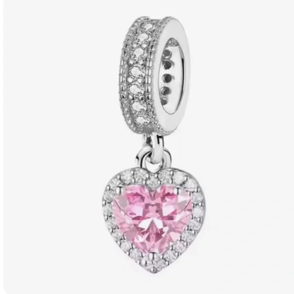 Pink Heart Dangle Charm - Sterling Silver