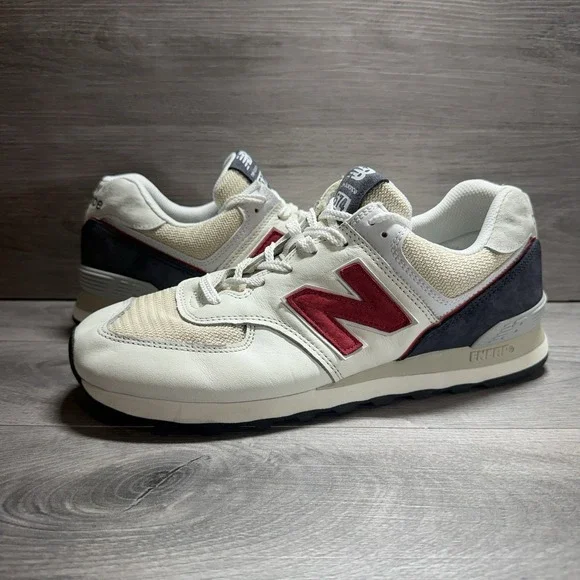New Balance 574 Sea Salt Navy White Red Leather Shoes Sneakers Men's Size 10.5 D