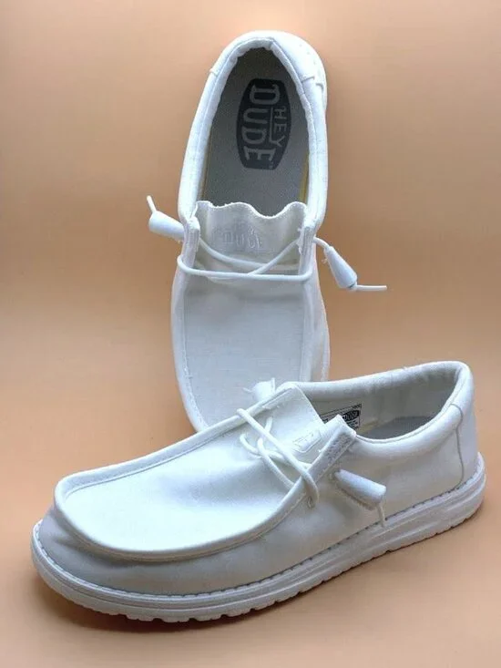 HEY DUDE WALLY SLUB MENS WHITE CANVAS COMFORT SHOES SIZE 9