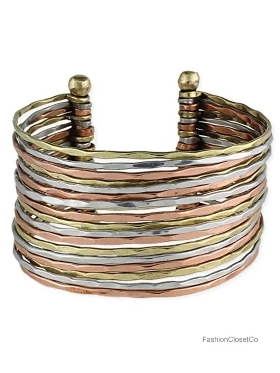 Mixed Metal Cuff Bracelet: Adjustable, Hammered Finish, Three Tone