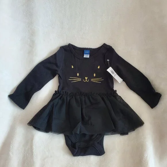 NEW Old Navy Girls Baby One Piece Dress Black Cat Gold‎ 6 - 12 months