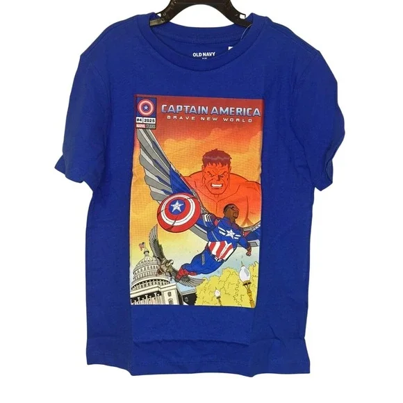 Old Navy Boys Captain America Brave New World T Shirt‎  M 8 Comic Graphic Blue