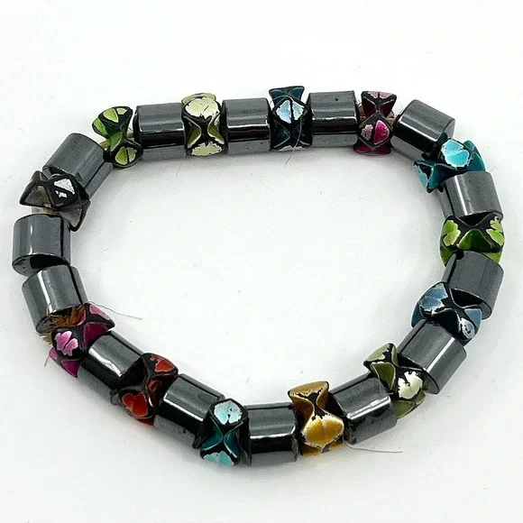 Vintage Retro Hematite Magnetic Stretch Bracelet‎ Colorful Painted Accent Beads