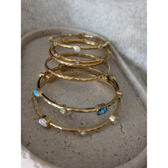 Bangle Bracelet Set Of 6 In Gold Tone With Bezeled Rhinestones Heavyweight