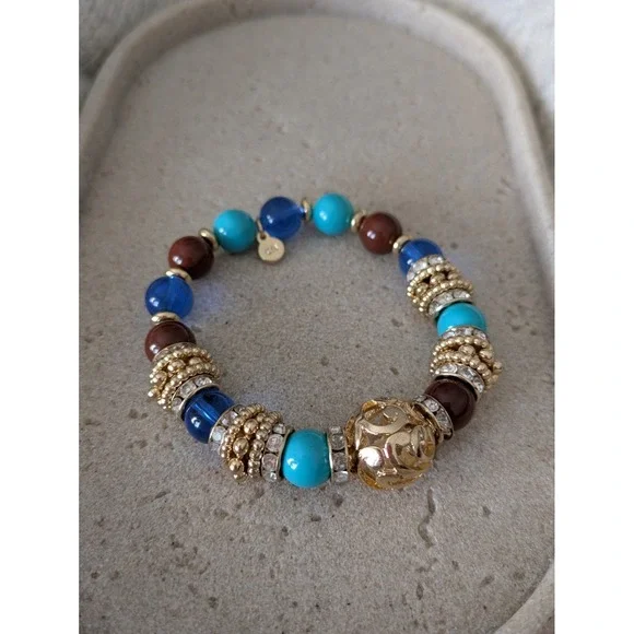 Graziano Stretch Bracelet In Gold Tone & Turquoise Colors Filagree Ball Chunky