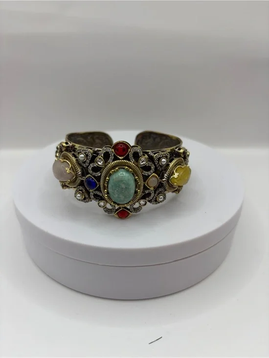 Sabyasachi Fashion Multicolor Doublet Stone Filigree Cuff Bracelet - Gold Tone