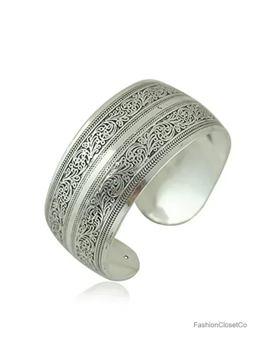 Silver Tone Carved Spiral Flower Wide Cuff Bangle Bracelet