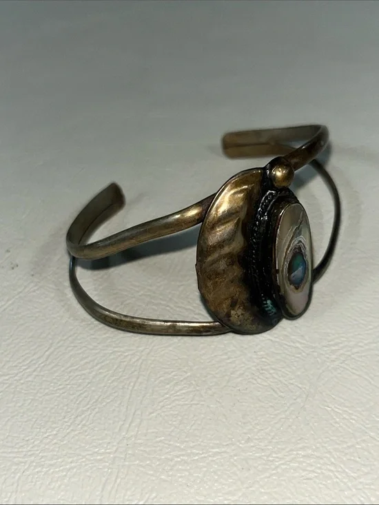 Mexico Antique-Style Brass Cuff Bracelet with Iridescent Center Stone