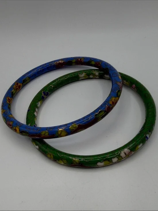Vintage Cloisonné Enamel Bangle Bracelets Set of 2 Blue Green