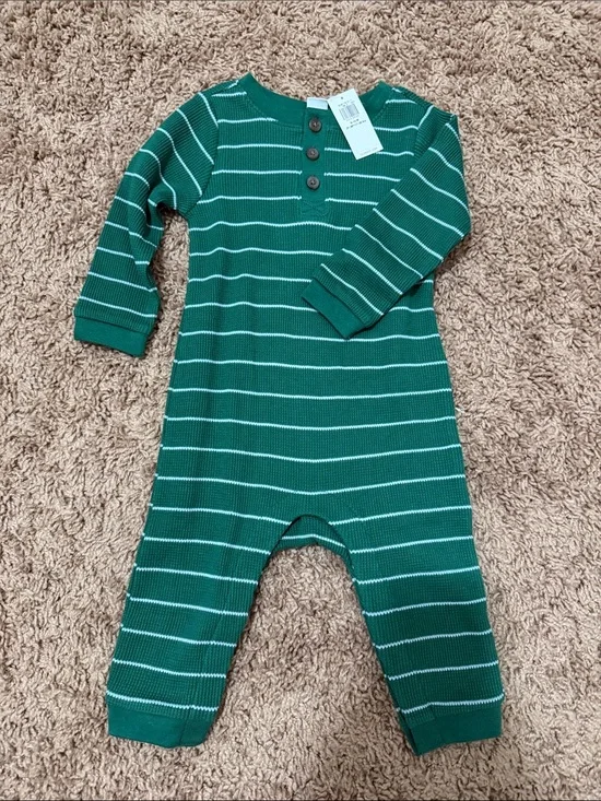 Old Navy Green and White Striped Knit One-Piece Footie