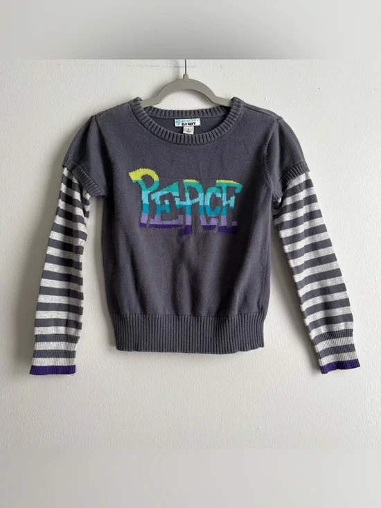 Old Navy Gray Knit Peace Pullover Cotton Sweater Girls S Striped Sleeves Rainbow