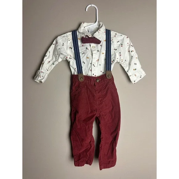 Old Navy Baby Boy Woodland Fox Shirt Corduroy Pants Suspenders Bow Tie Set 6-12M