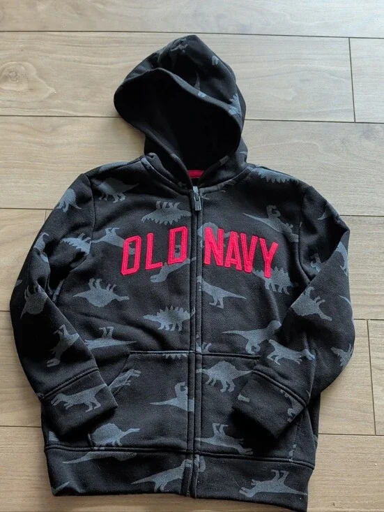 Old Navy Black Hoodie with Gray Dino Print and Red Logo