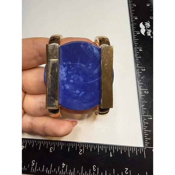 Chunky Gold Tone Cobalt Blue Resin Statement Cuff Bracelet Modern Open Cutout
