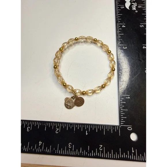 Alex Ani Vintage Sixty-Six Champagne Beaded Stretch Bracelet Gold Tone Charms