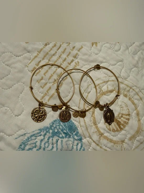 Alex and Ani Gold-Tone Charm Bangle Bracelet Set - Compass, Monogram & Medallion