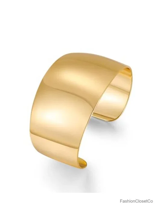 Gold Plated Hammered Open Wide Cuff Bangle Bracelet for Women Smooth Polished