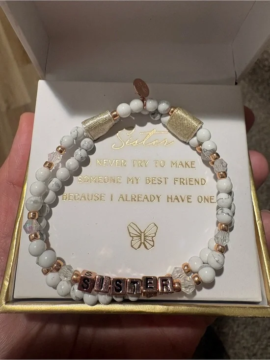 “Sister” White Beaded Bracelet with Rose Gold Accents