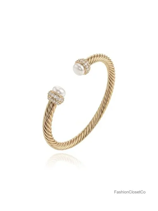 14K Gold Plated Open Cuff Bangle Bracelet Adjustable Twisted Cable Dainty