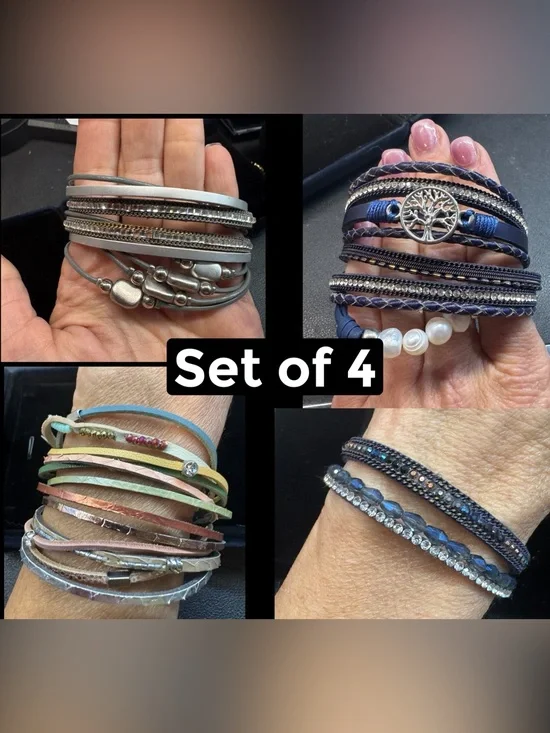 Set of 4 Women's Multi-Stack Bracelet Sets in Blue, Silver, Navy, and Pastel