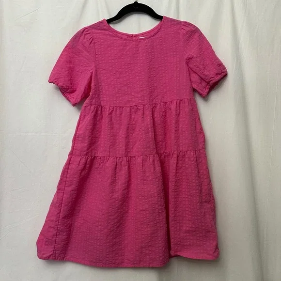Old Navy Girls Pink Tiered Babydoll Dress Short Sleeve Textured Size L 10-12