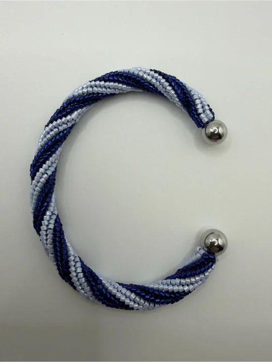 Twisted Blue and Silver Beaded Open Cuff Bracelet